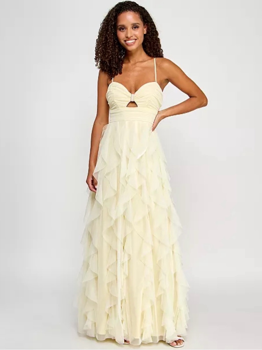 Macy’s | Pear Culture Juniors' Strappy Mesh Petal Ball Gown